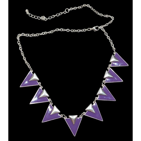 Geometric Triangle Purple And Silver Tone Triangle Fringe Necklace - Picture 1 of 6